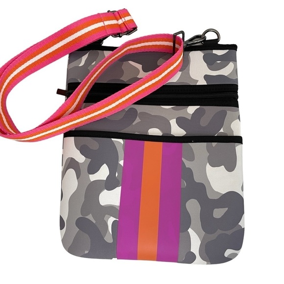 Neoprene Camo Crossbody Stripe Webbing Stripe Pink Orange Gray - Picture 1 of 7